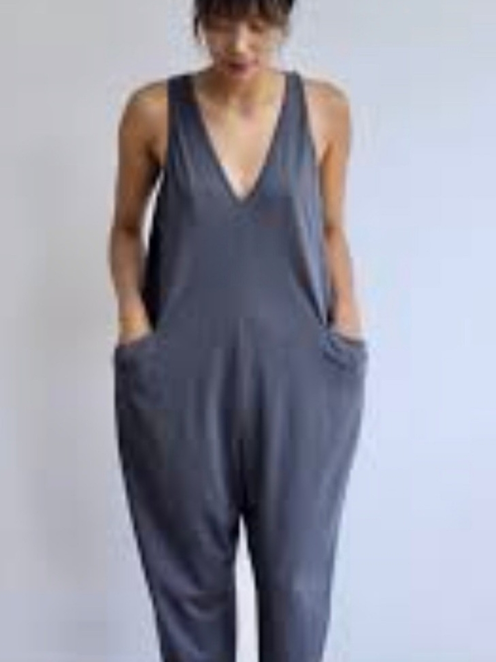 Relaxed V-Neck Blue Sleeveless Jumpsuit with Pockets